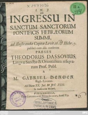 De Ingressu In Sanctum Sanctorum Pontificis Hebraeorum Summi, ad illustranda Capita Levit. 16. & Hebr. 9.