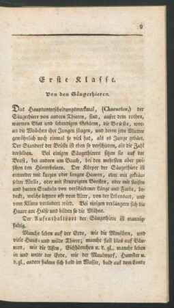 Erste Klasse. Von den Saeugethieren.