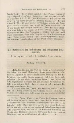 477-479 Der Unterschied des lutherischen und reformirten Lehrsystems : eine aphoristische briefliche Aeusserung