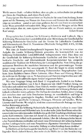 Biographisches Lexikon für Schleswig-Holstein und Lübeck, hrsg. von der Schleswig-Holsteinischen Landesbibliothek unter Mitwirkung der Gesellschaft für Schleswig-Holsteinische Geschichte und des Vereins für Lübeckische Geschichte und Altertumskunde, Bd. 11 : Neumünster, Wachholtz, 2000
