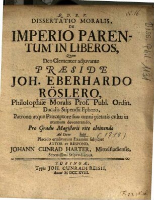 Dissertatio Moralis De Imperio Parentum In Liberos