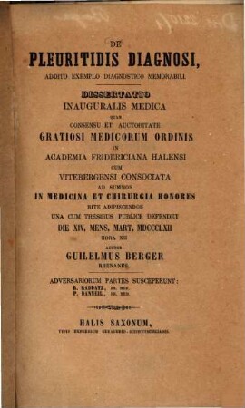 De pleuritidis diagnosi, addito exemplo diagnostico memorabili : Diss. inaug. med