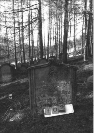 Grabstein 109 (Index: 99608793) Material: Sandstein Zustand: sehr stark verwittert mit sehr großem Textverlust Maße HxBxT: 70x61x10 cm Beschreibung: Stele mit zweiteiligem Volutenabschluß, rechts und links kanelliert: Grabstein 109