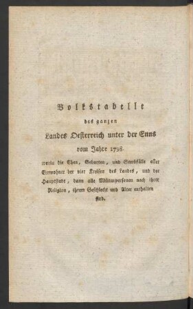Volkstabelle des ganzen Landes Oesterreich unter der Enns vom Jahr 1798