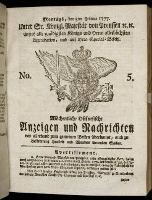 No. 5. Montags, den 3ten Februar 1777.