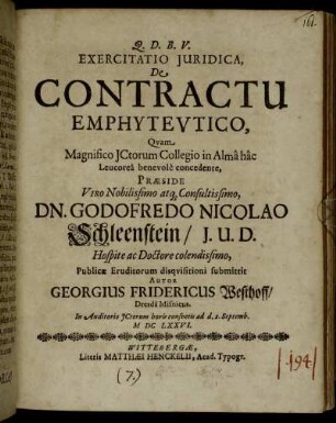 Exercitatio Iuridica, De Contractu Emphyteutico