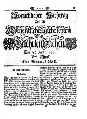 Monathlicher Nachtrag [...] Vtes Stuck Des Monaths Maji