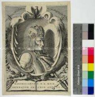 Porträt des römisch-deutschen Kaisers Maximilian I. mit allegorischem Beiwerk
