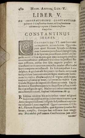 Liber V. De Imperatoribus Constantino politanis a Constantino Irenes, ad Constantinum ultimum & captam a Turcis Constantinopolim