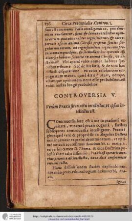 CONTROVERSIA V. Vtrùm Praxis sit in actu intellectus, vt ipsius intellectus est.