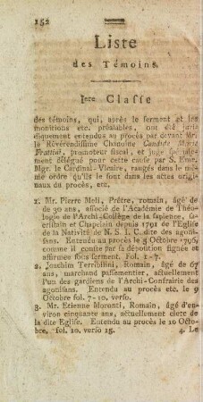 Liste des Témoins. Iere Classe