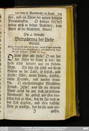 Die 4. Andacht. Betrachtung der Liebe Gottes.