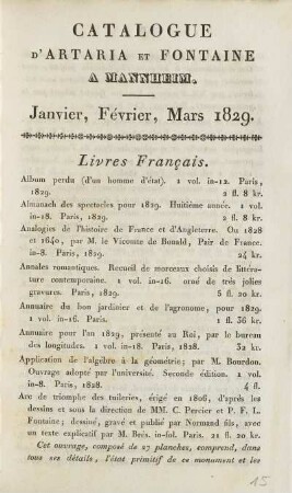 1829: Catalogue d'Artaria & Fontaine à Mannheim