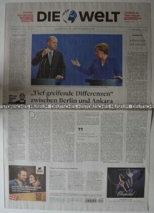 Tageszeitung "Die Welt" mit Titel zum Staatsbesuch des türkischen Präsidenten Erdogan