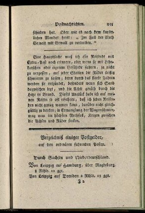 Verzeichniß einiger Postgelder, auf den ordinären fahrenden Posten.