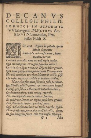 Decanus Collegii Philosophici In Academia Witebergensi, M. Petrus Albinus Niuemontius, Professor Publ. S.