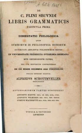 De C. Plinii Secundi libris grammaticis : (Diss. philol.), Particula 1