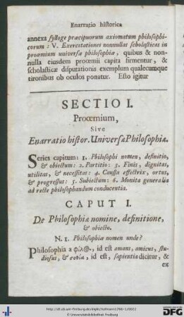 Sectio I. Prooemium, Sive Enarratio historica Universae Philosophiae.