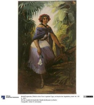 Bildnis einer Frau in ganzer Figur, vor tropischer Vegetation