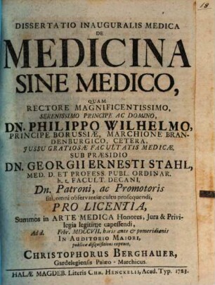Diss. inaug. med. de medicina sine medico
