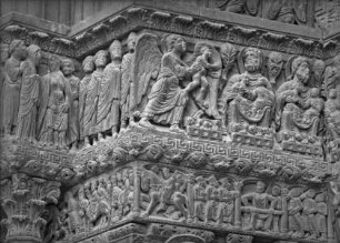 Hauptportal — Die Patriarchen Abraham, Isaak und Jakob nehmen die Seligen auf