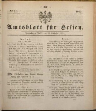 № 70. Ausgegeben zu Cassel am 23. September 1867.