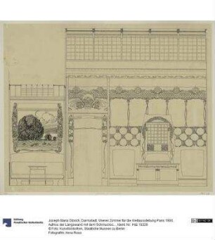 Darmstadt, Wiener Zimmer für die Weltausstellung Paris 1900, Aufriss der Längswand mit dem Schmuckschrank