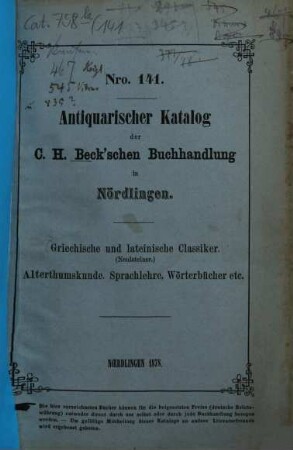 Antiquarischer Katalog der C. H. Beck'schen Buchhandlung in Nördlingen, 141. 1878