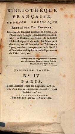 Bibliothèque française : ouvrage périodique. 3. 1802, 4 = Aug.