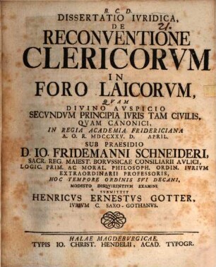 Dissertatio Ivridica De Reconventione Clericorvm In Foro Laicorvm
