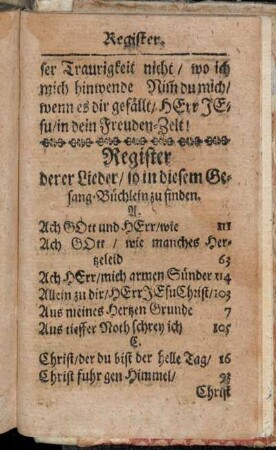Register derer Lieder / so in diesem Gesang-Büchlein zu finden.