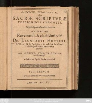 Disputatio Theologica VII. De Sacrae Scripturae Versionibus Vulgatis