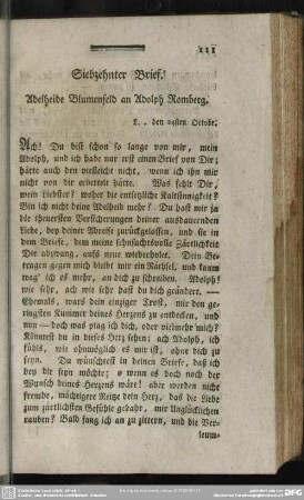 Siebzehnter Brief. Adelheide Blumenfeld an Adolph Romberg
