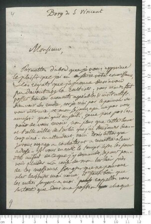 Brief von Jean-Baptiste Geneviève Marcellin Bory de Saint-Vincent an Adelbert von Chamisso