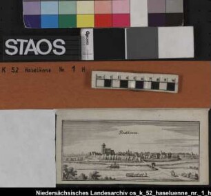 Ansicht der Stadt Haselünne Ausf.-Art: Kupferstich Herst.: Matthaeus Merian Format: 8 x 18 cm Maßstab:
