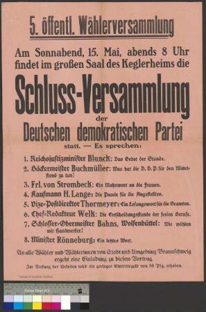 Plakat zu einer Wahlversammlung der DDP am 15. Mai 1920 in Braunschweig