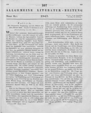 Gervinus, G. G.: Die Preußische Verfassung und das Patent vom 3. Februar 1847. Mannheim: Bassermann 1847 (Fortsetzung von Nr. 106.)
