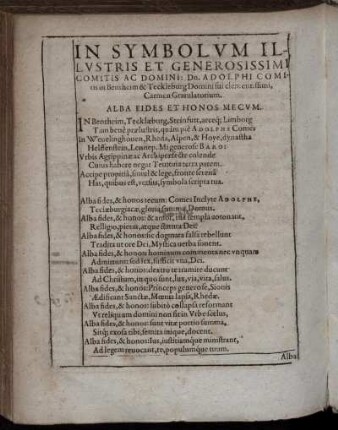 In Symbolum Illustris Et Generosissimi Comitis Ac Domini: Dn. Adolphi Comitis in Bentheim & Teckleburg [...] Carmen Gratulatorium