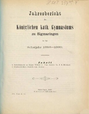 Jahresbericht : über das Schuljahr ... 1888/89
