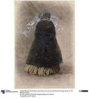 Rückenfigur einer Dame mit Hut und wehendem Schleier