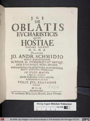De Oblatis Evcharisticis Qvae Hostiae Vocari Solent