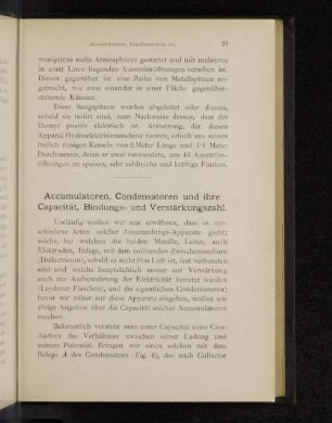 Accumulatoren, Condensatoren und ihre Capacität, Bindungs- und Verstärkungszahl.