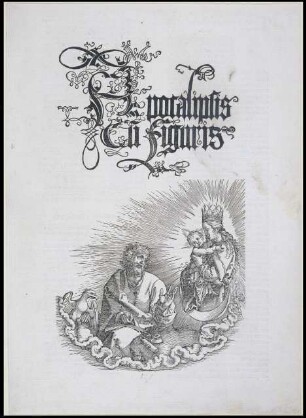 Apocalipsis cum figuris, Titelblatt der 1511 veröffentlichen lateinischen Ausgabe der Apokalypse, mit dem Holzschnitt "Die Jungfrau erscheint Johannes"