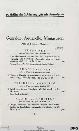 Gemälde, Aquarelle, Miniaturen: Alte und neuere Meister (Nr. 1-79)