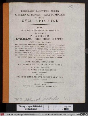 Dissertatio Inavgvralis Medica Observationem Anatomicm Sistens Cvm Epicrisi
