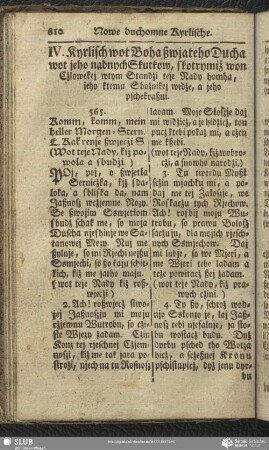 IV. Kyrlisch wot Boha ßwjateho Ducha wot jeho nadnych Skutkow, skotrymiż won Cżlowekej wtym Standżi teje Nady homha, jeho ktemu Sbożnikej wedże, a jeho pschekraßni