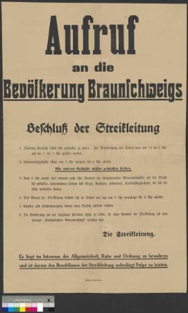 Bekanntmachung von Beschlüssen der Streikleitung während des Generalstreiks in Braunschweig im April 1919
