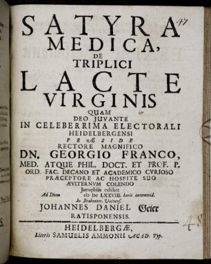 Satyra Medica, De Triplici Lacte Virginis