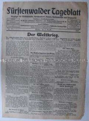 Regionale Tagezeitung "Fürstenwalder Tageblatt" zum Beginn des 1. Weltkrieges