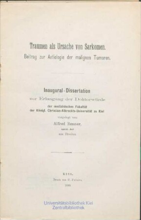 Traumen als Ursache von Sarkomen : Beitrag zur Aetiologie der malignen Tumoren
